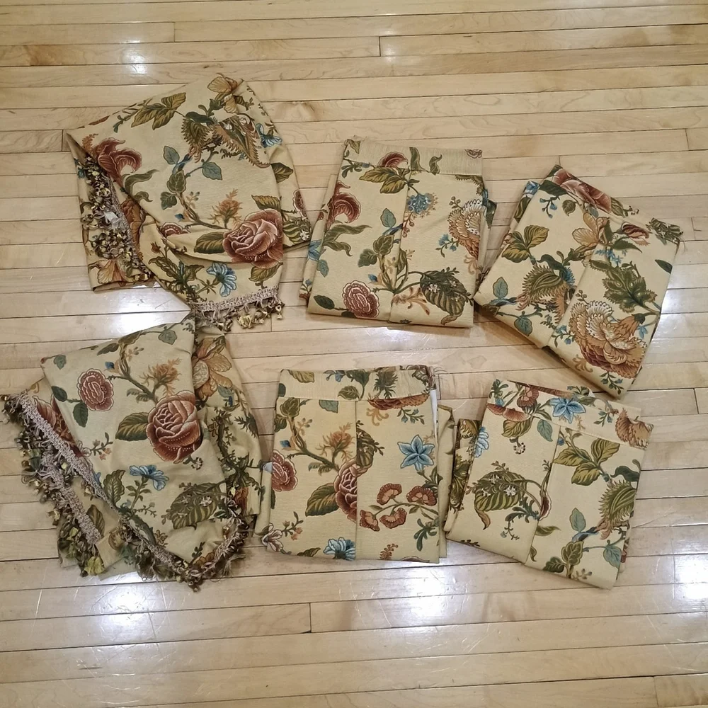 6 Pc Waverly Camelot Garden Room Floral Gold Waterfall Curtains & Canopy Valance
